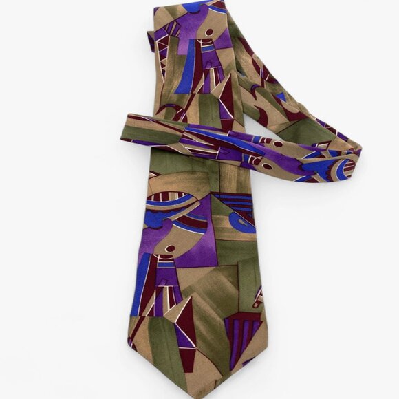 Albert Nipon Silk Tie Abstract Cubist Art Vintage Office Business Formal - Picture 3 of 6